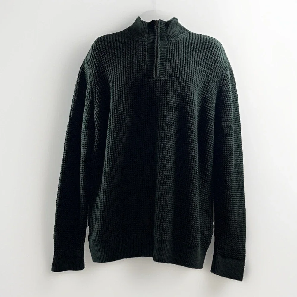 LL Bean Men XL Tall Dark Green Organic Cotton Waffle Knit Quarter Zip Sweater